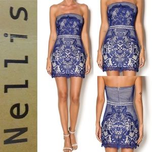 Nellis Blue strapless Lace Mini Dress